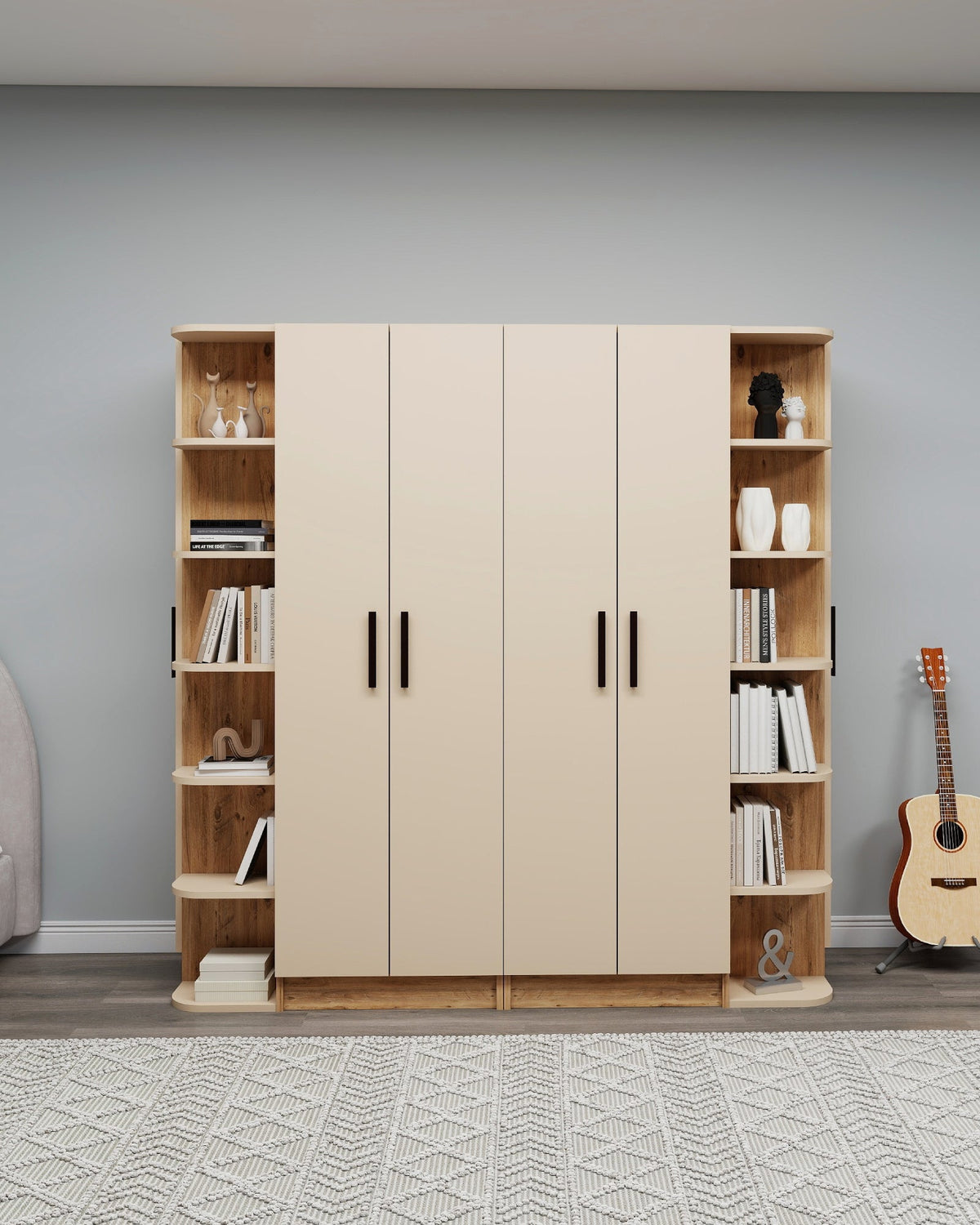 Beige wardrobe with wooden shelves against a gray wall.
