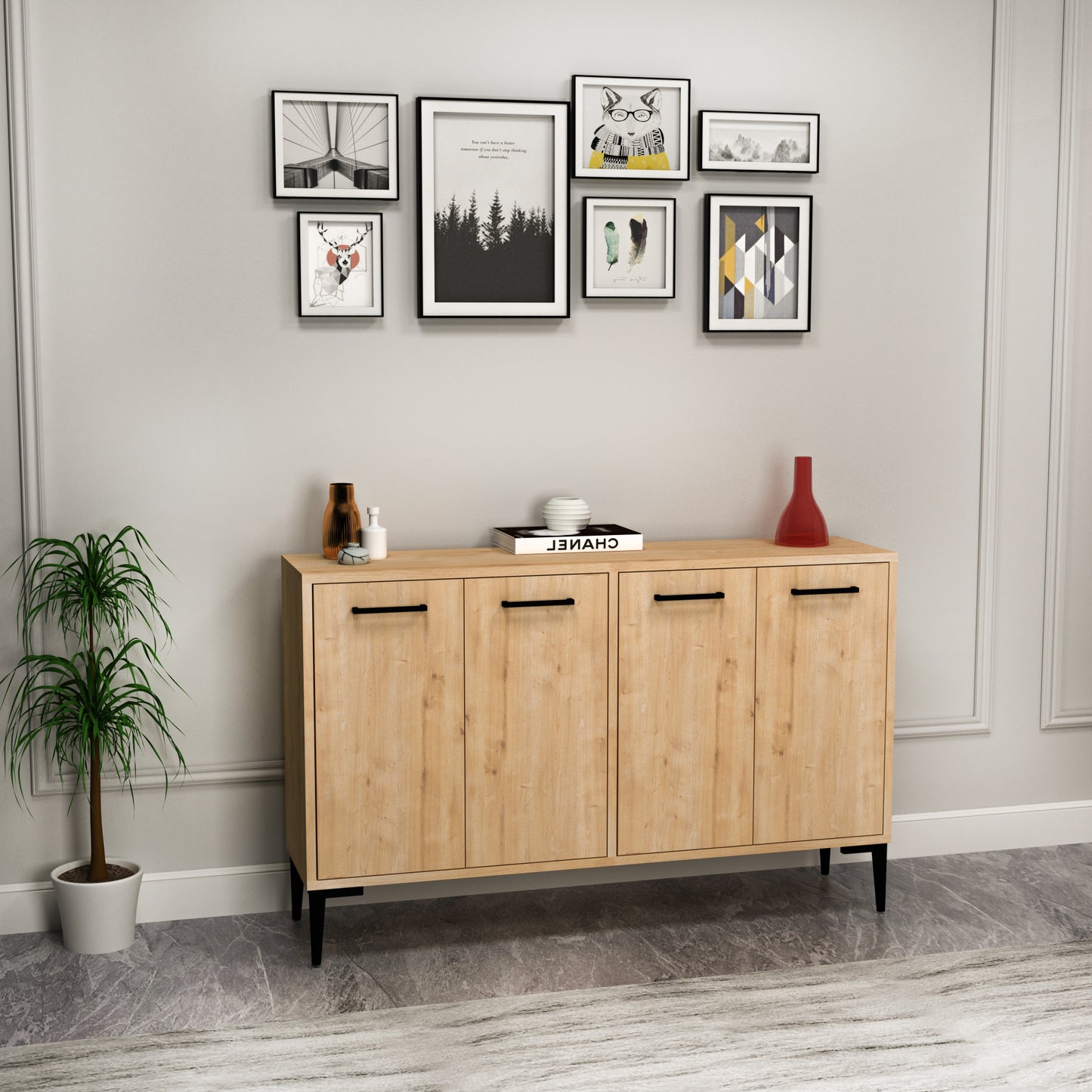Frezya Modern Sideboard, TV Stand & Beverage Cabinet with 4 Doors