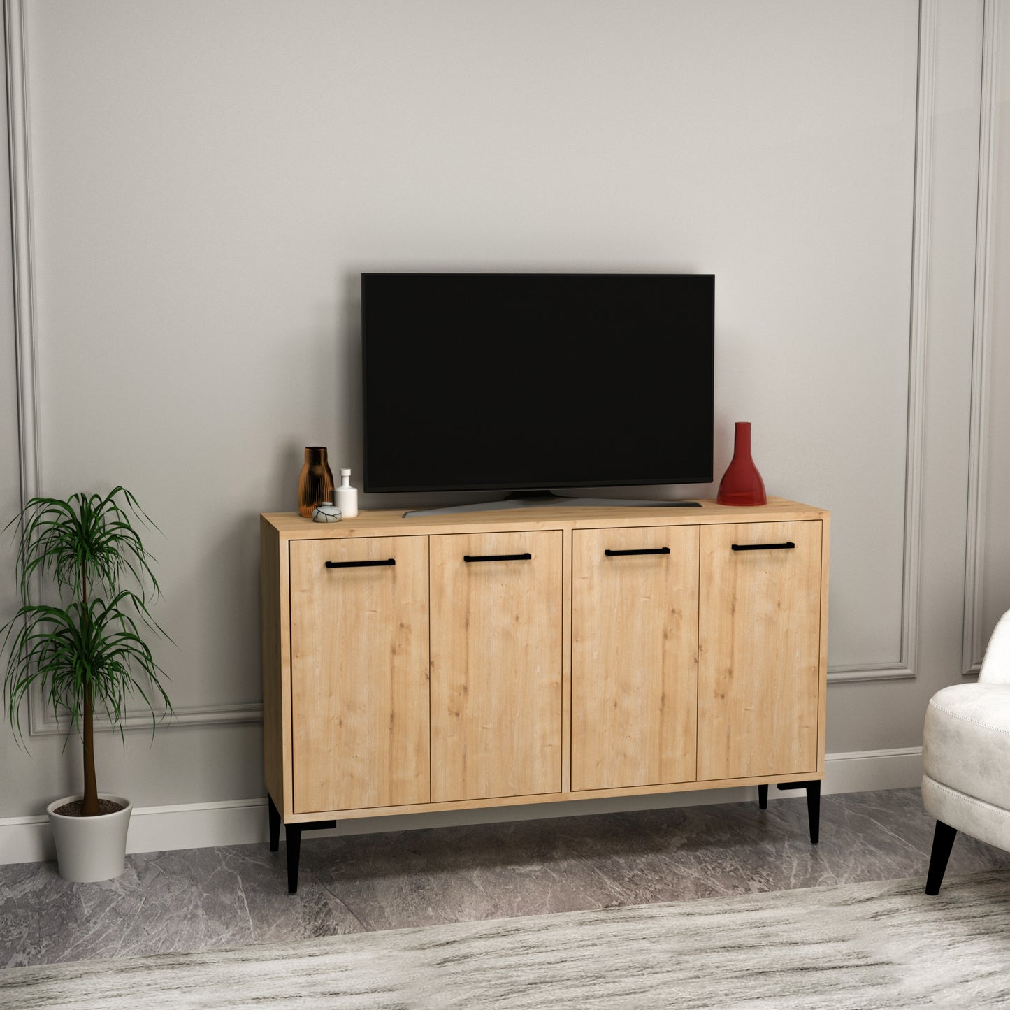 Frezya Modern Sideboard, TV Stand & Beverage Cabinet with 4 Doors