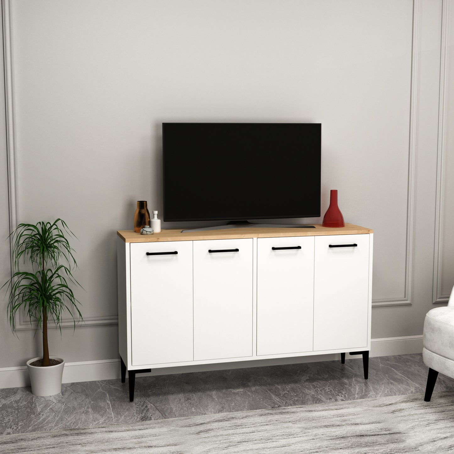 Frezya Modern Sideboard, TV Stand & Beverage Cabinet with 4 Doors