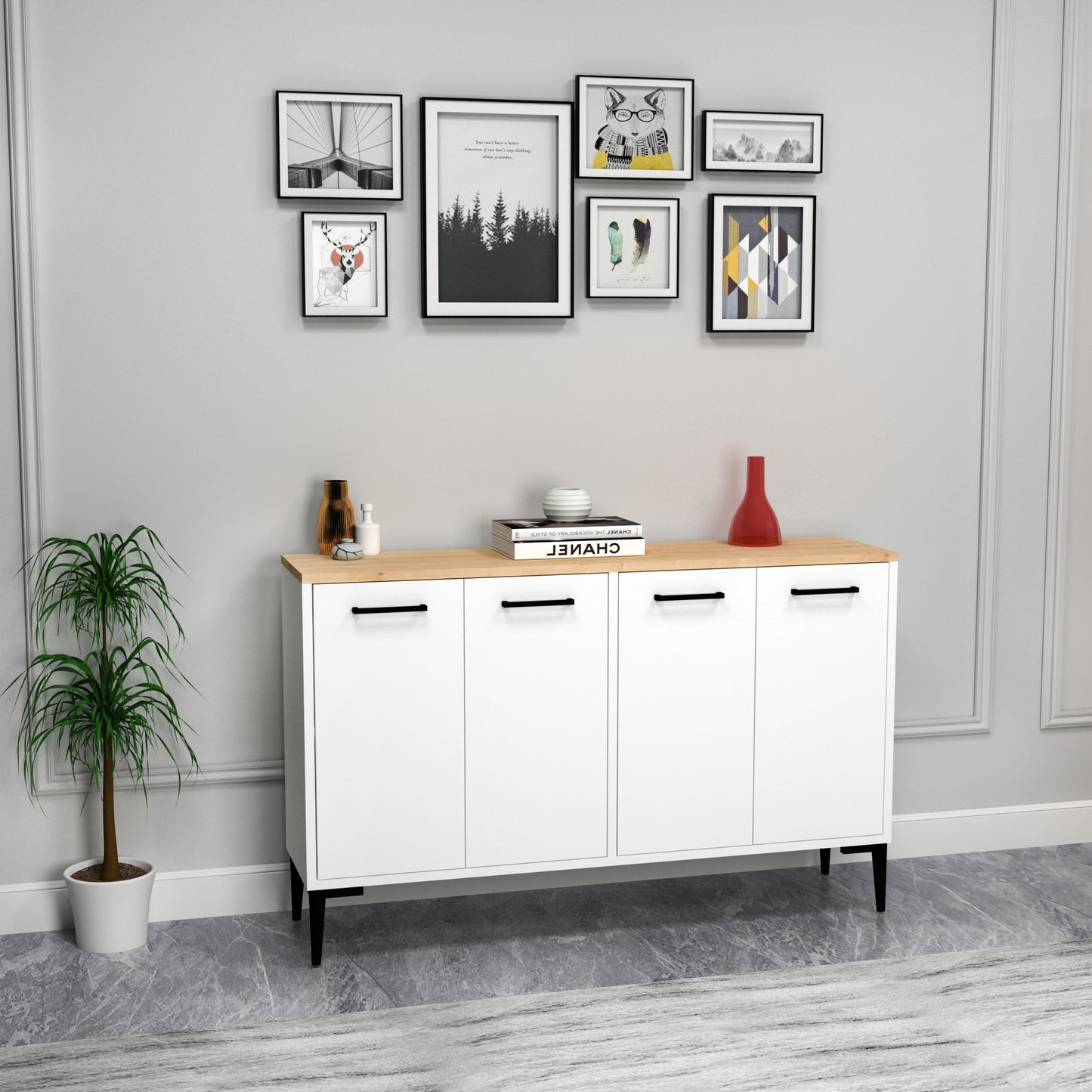 Frezya Modern Sideboard, TV Stand & Beverage Cabinet with 4 Doors