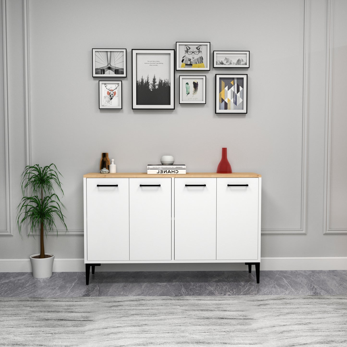 Frezya Modern Sideboard, TV Stand & Beverage Cabinet with 4 Doors