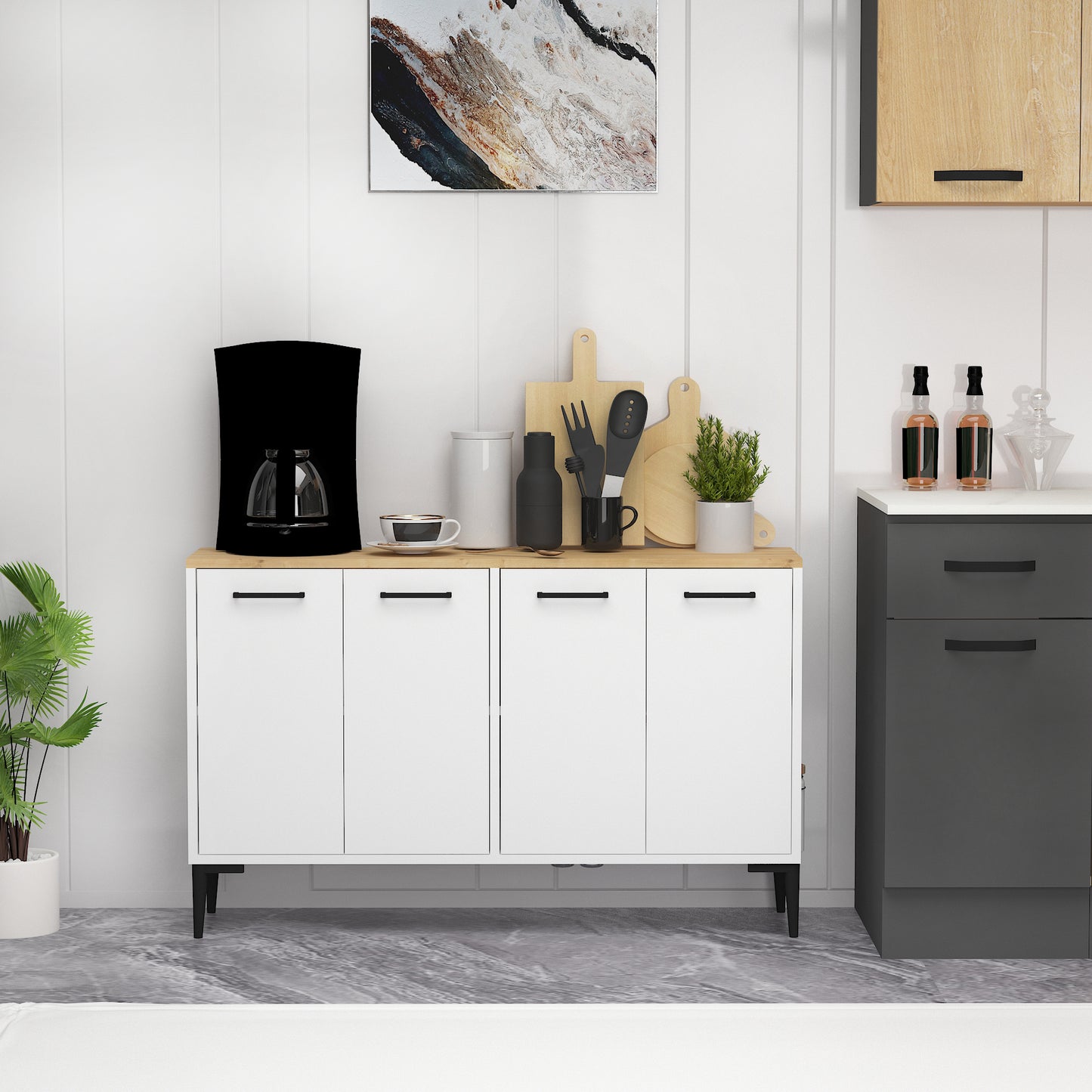 Frezya Modern Sideboard, TV Stand & Beverage Cabinet with 4 Doors