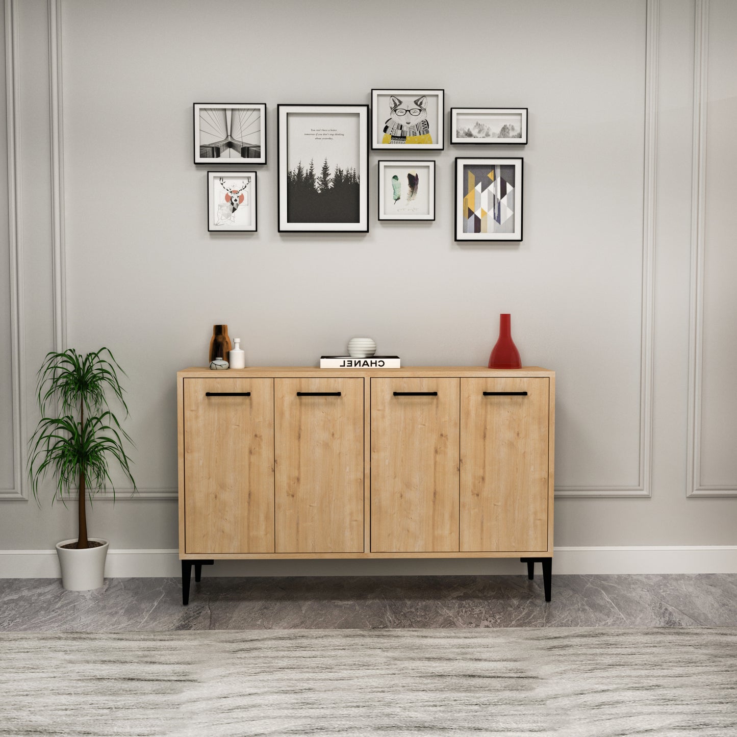 Frezya Modern Sideboard, TV Stand & Beverage Cabinet with 4 Doors