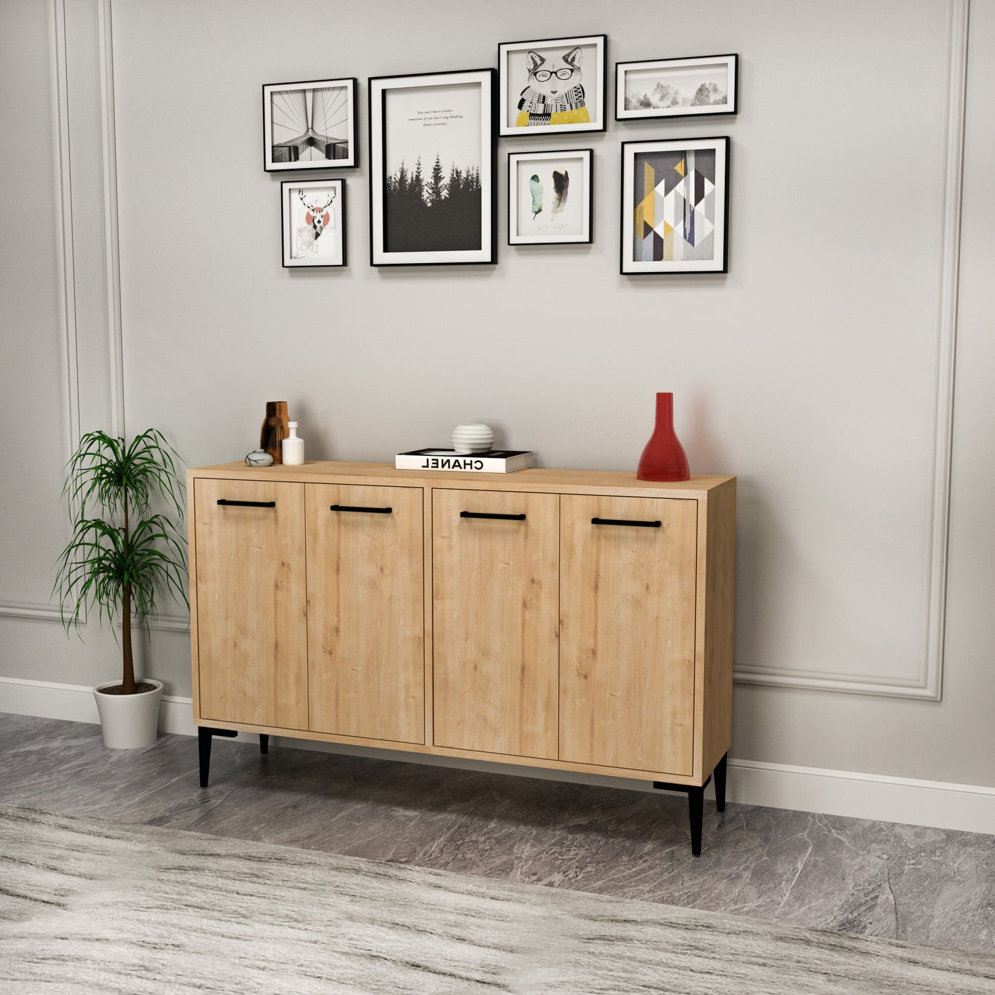 Frezya Modern Sideboard, TV Stand & Beverage Cabinet with 4 Doors