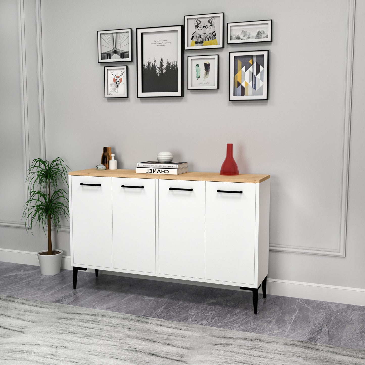 Frezya Modern Sideboard, TV Stand & Beverage Cabinet with 4 Doors