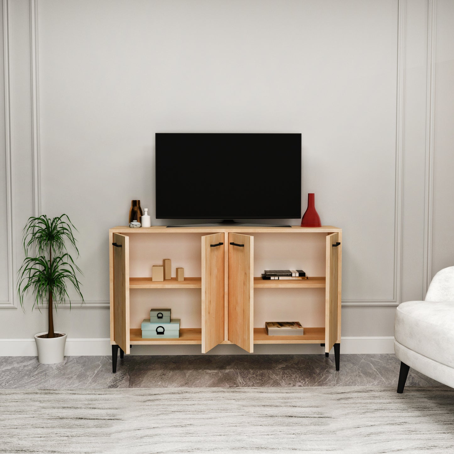 Frezya Modern Sideboard, TV Stand & Beverage Cabinet with 4 Doors