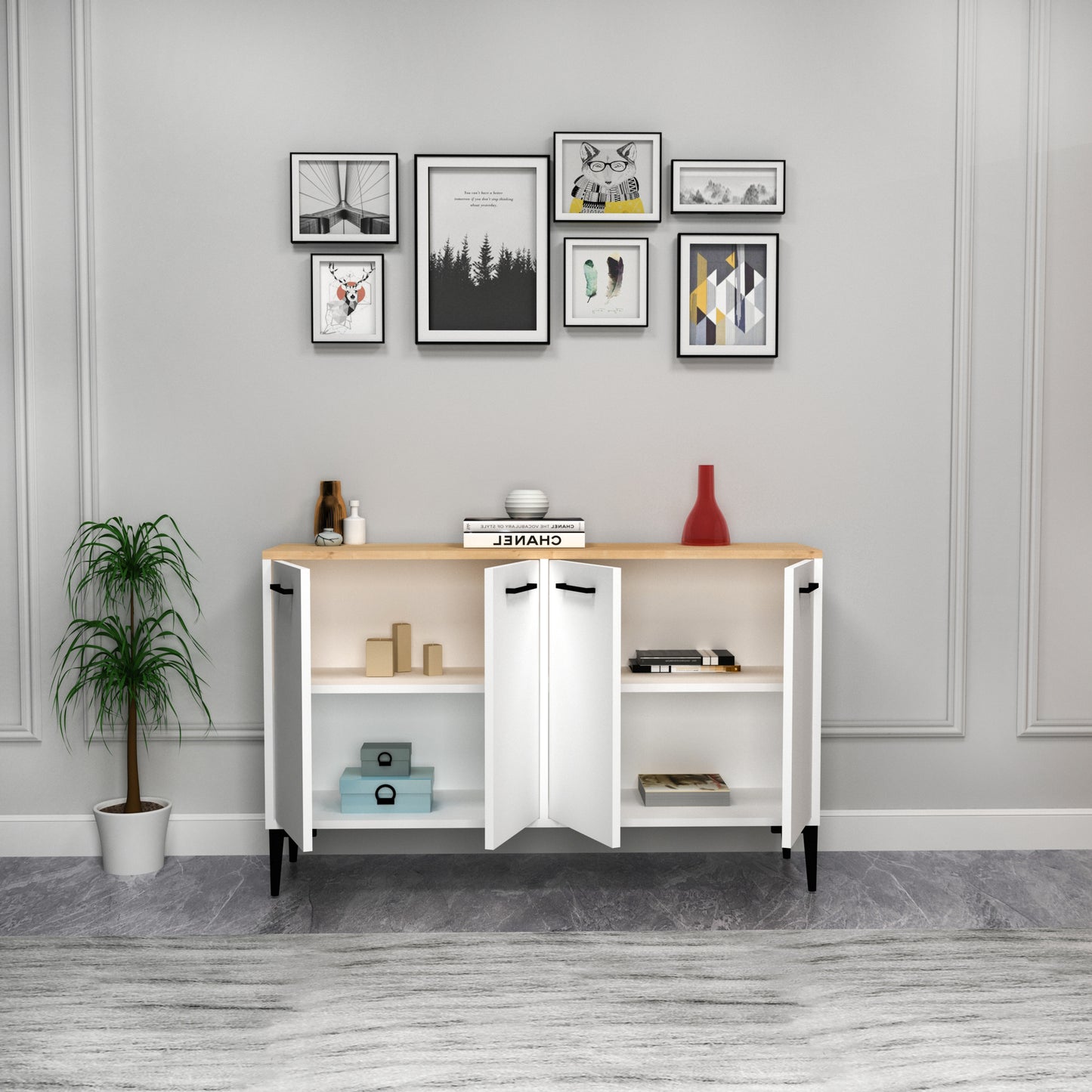 Frezya Modern Sideboard, TV Stand & Beverage Cabinet with 4 Doors
