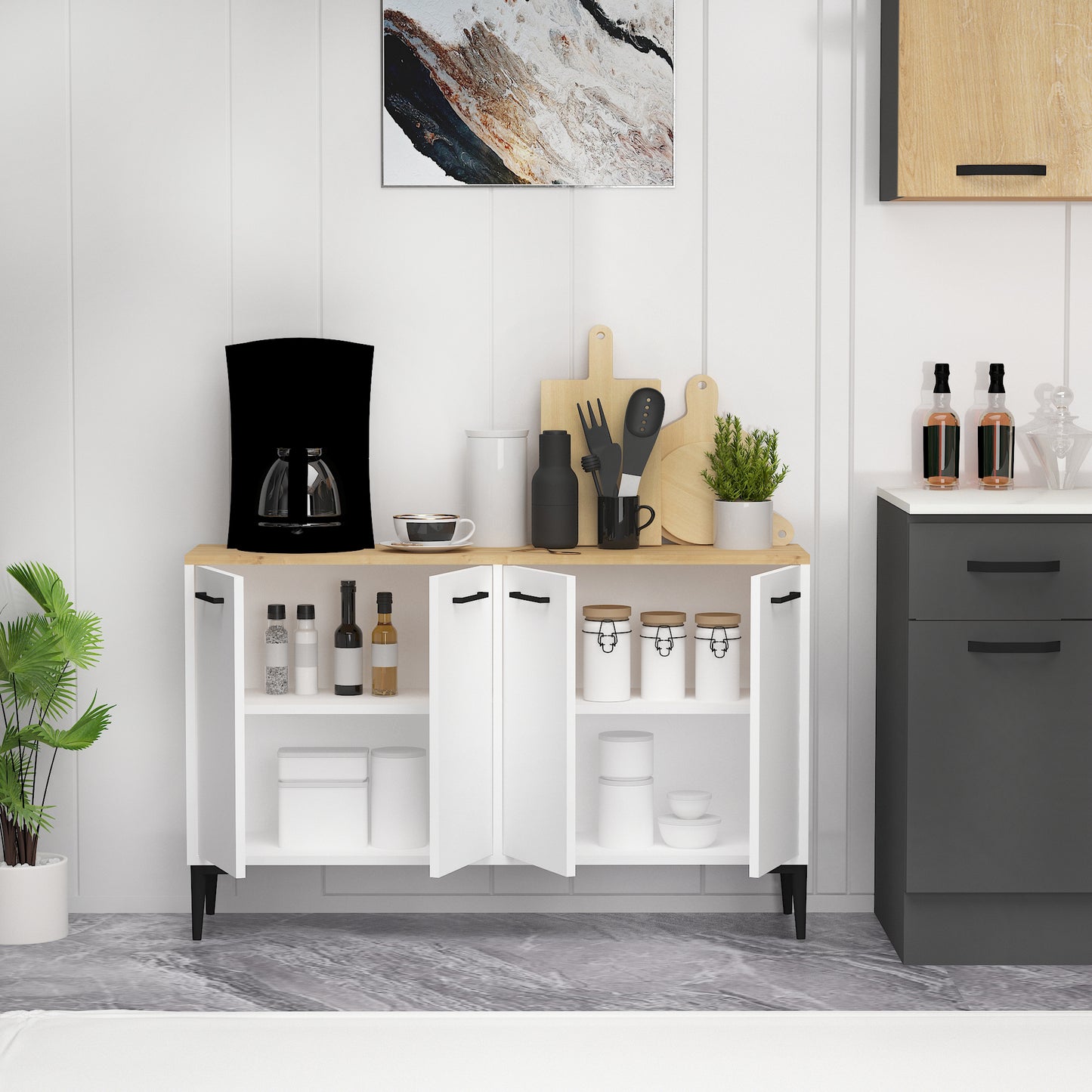 Frezya Modern Sideboard, TV Stand & Beverage Cabinet with 4 Doors