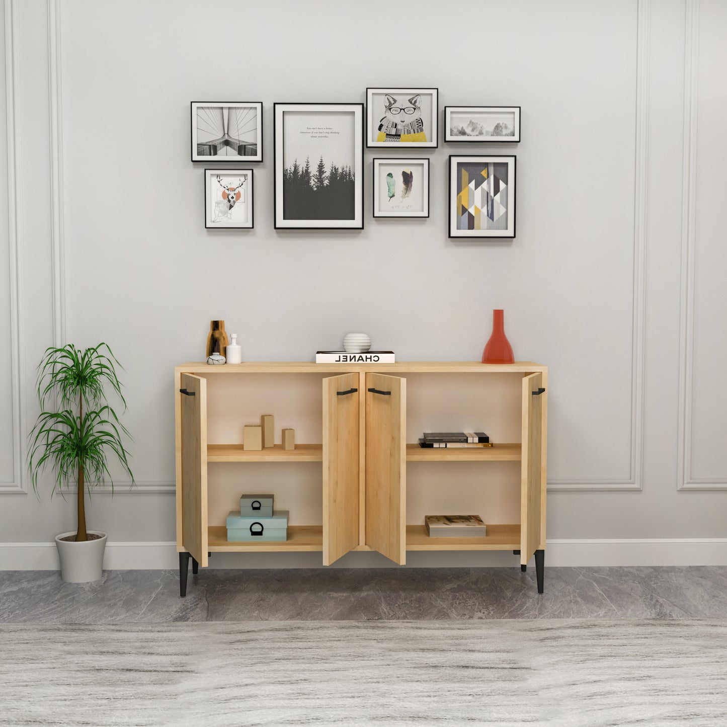 Frezya Modern Sideboard, TV Stand & Beverage Cabinet with 4 Doors