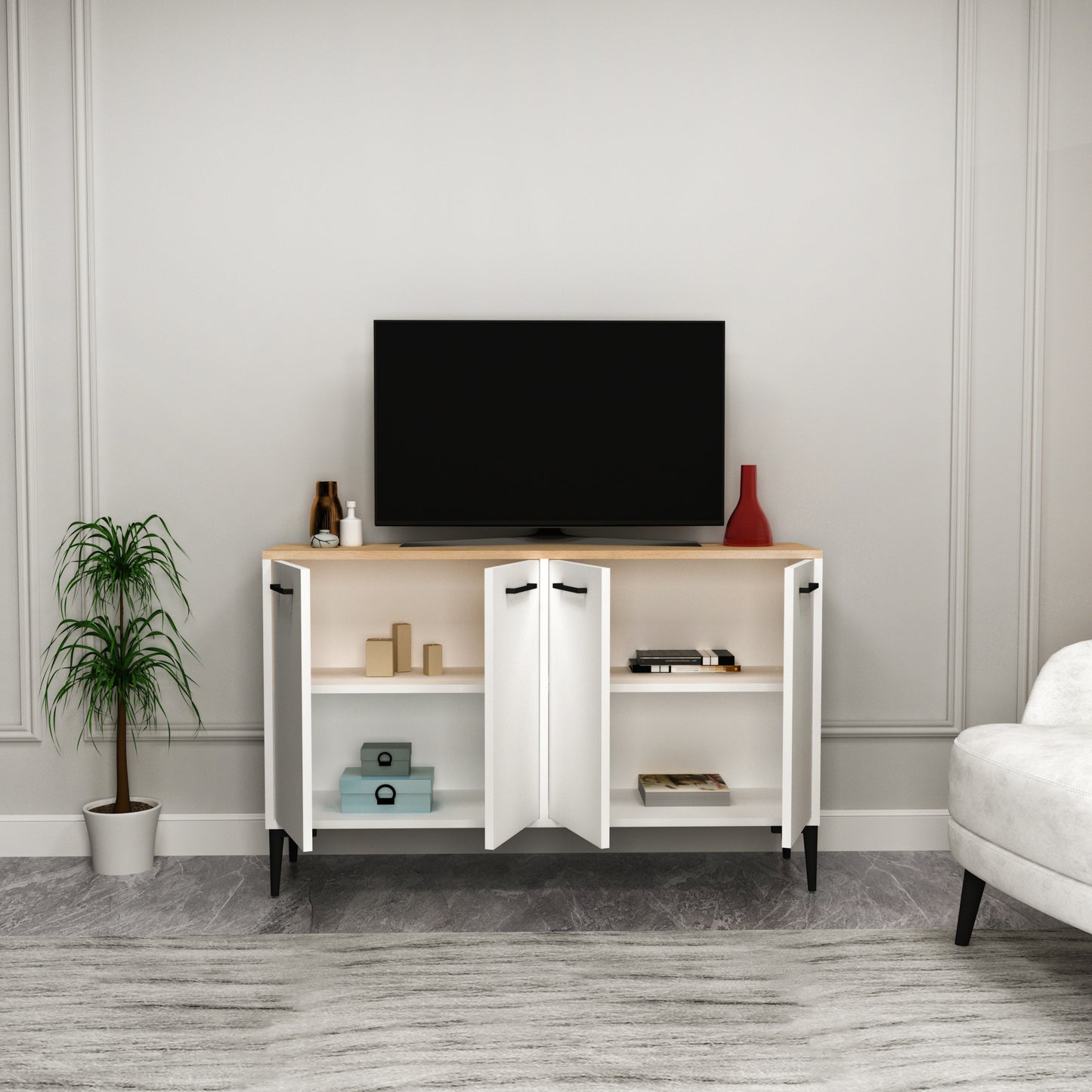 Frezya Modern Sideboard, TV Stand & Beverage Cabinet with 4 Doors