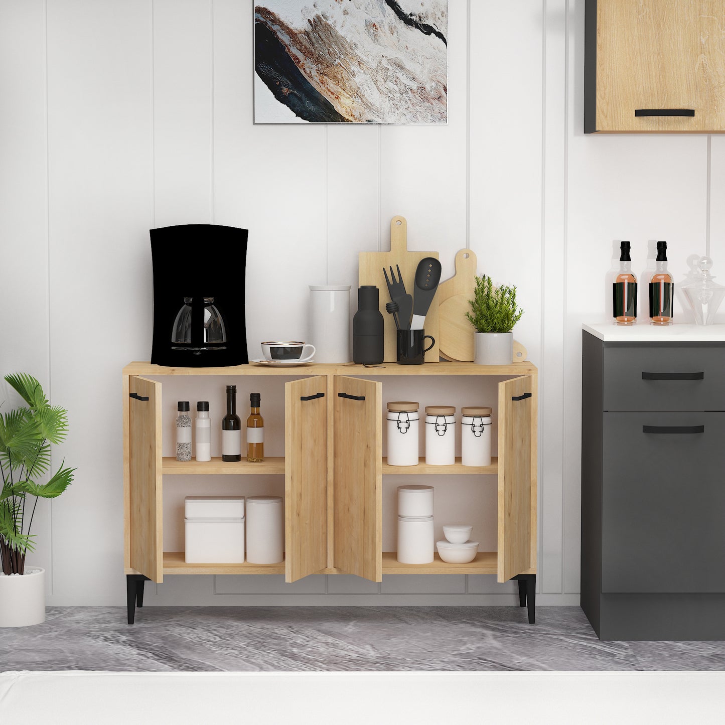 Frezya Modern Sideboard, TV Stand & Beverage Cabinet with 4 Doors