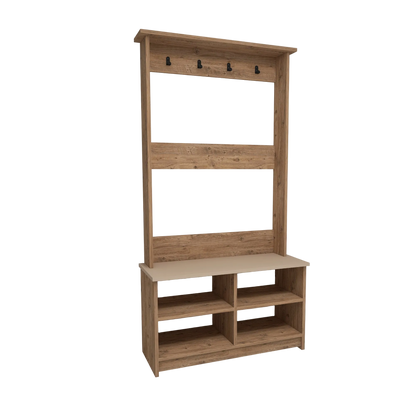 Porte-manteau de couloir moderne Napoli avec banc – Organiseur de rangement d'entrée avec 4 étagères, crochets en métal et rangement pour chaussures