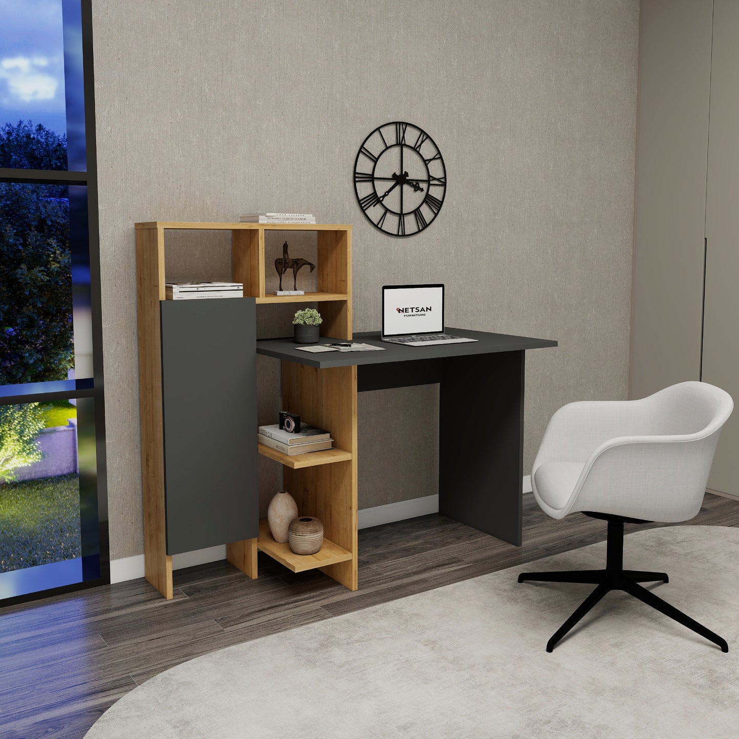 Bugra Computer Desk with Integrated Shelves and Cabinet