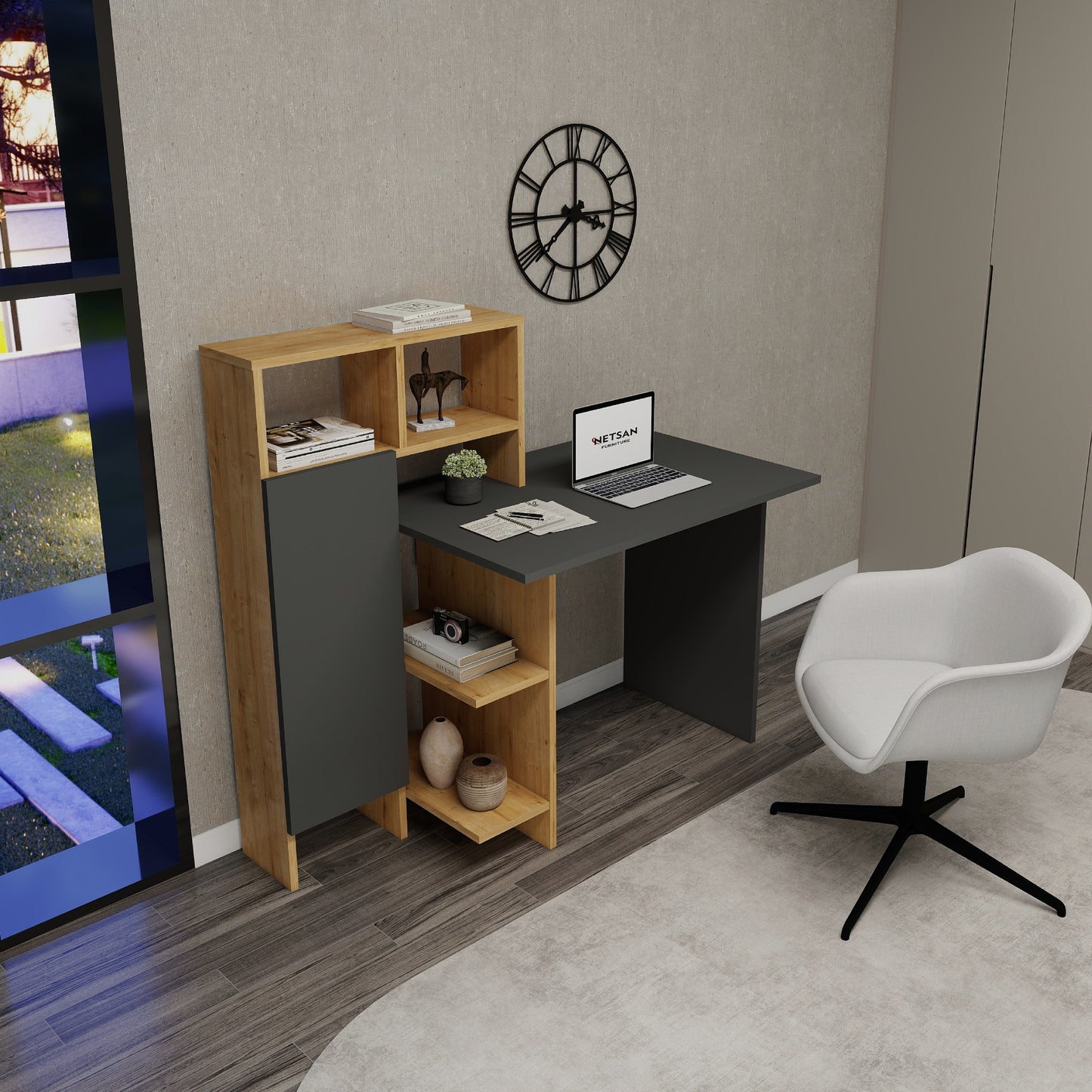 Bugra Computer Desk with Integrated Shelves and Cabinet