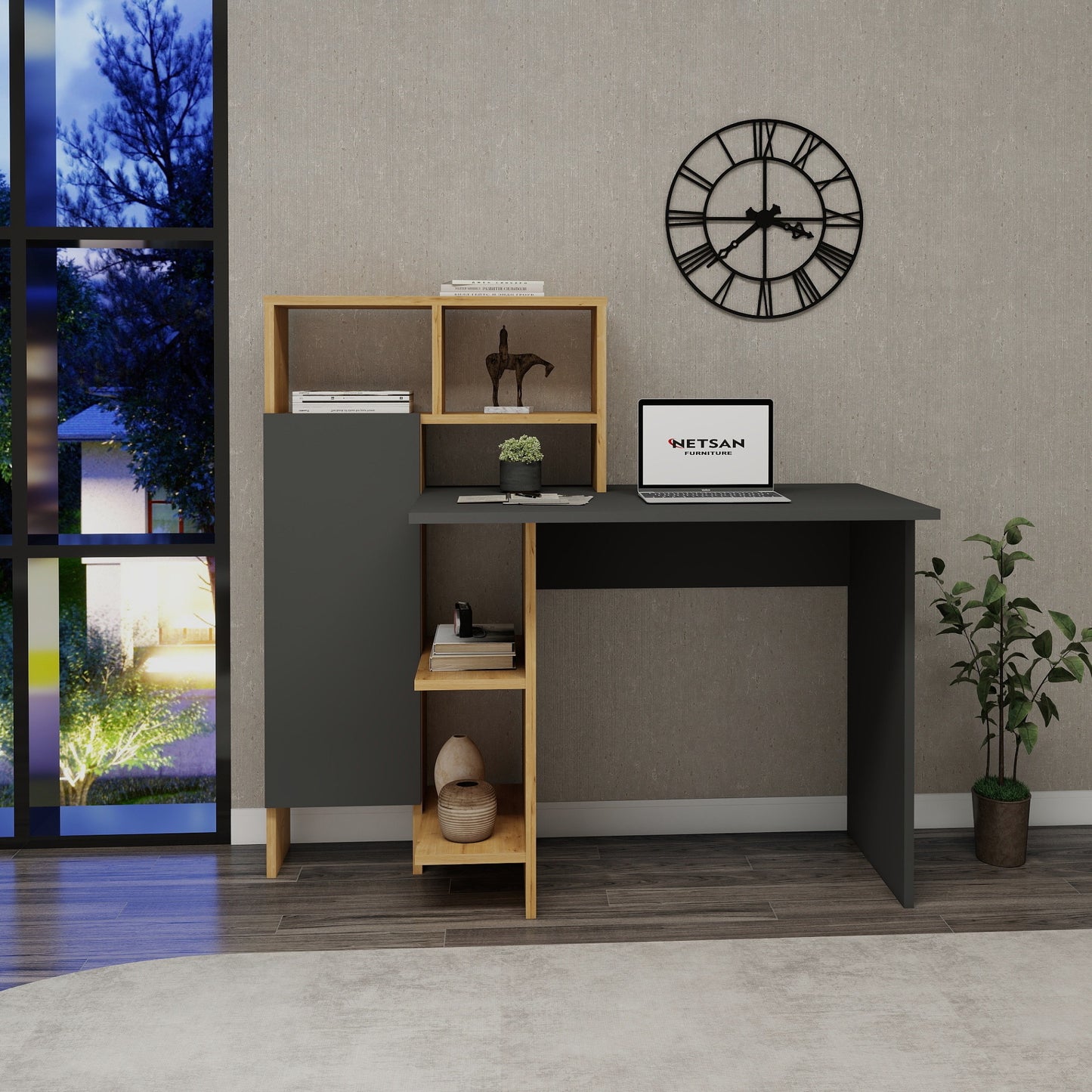 Bugra Computer Desk with Integrated Shelves and Cabinet