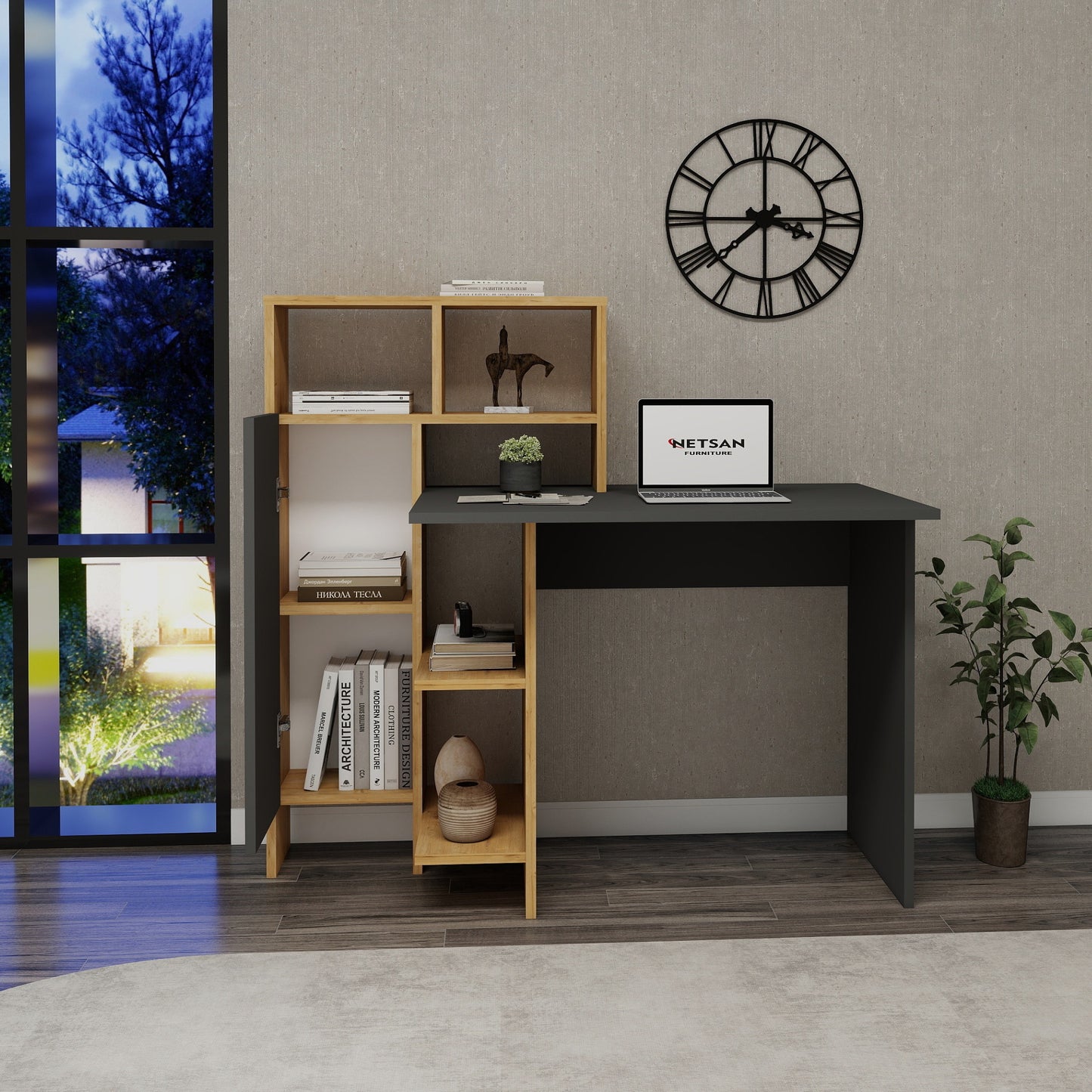 Bugra Computer Desk with Integrated Shelves and Cabinet