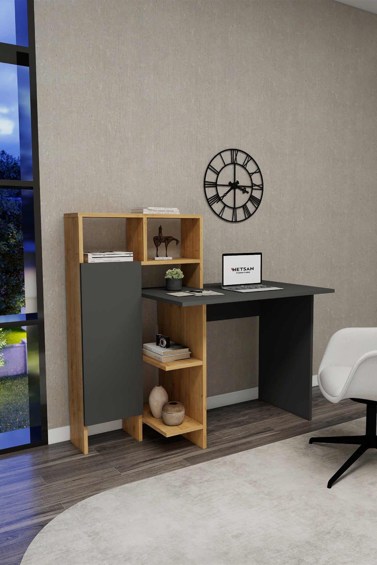 Bugra Computer Desk with Integrated Shelves and Cabinet