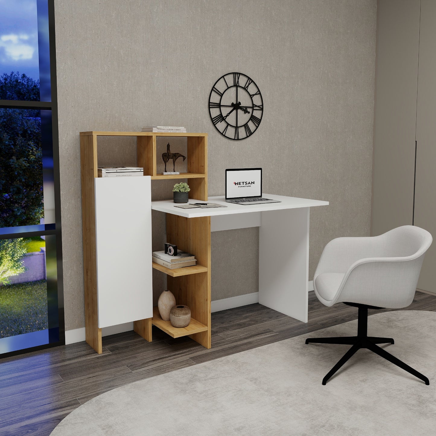 Bugra Computer Desk with Integrated Shelves and Cabinet