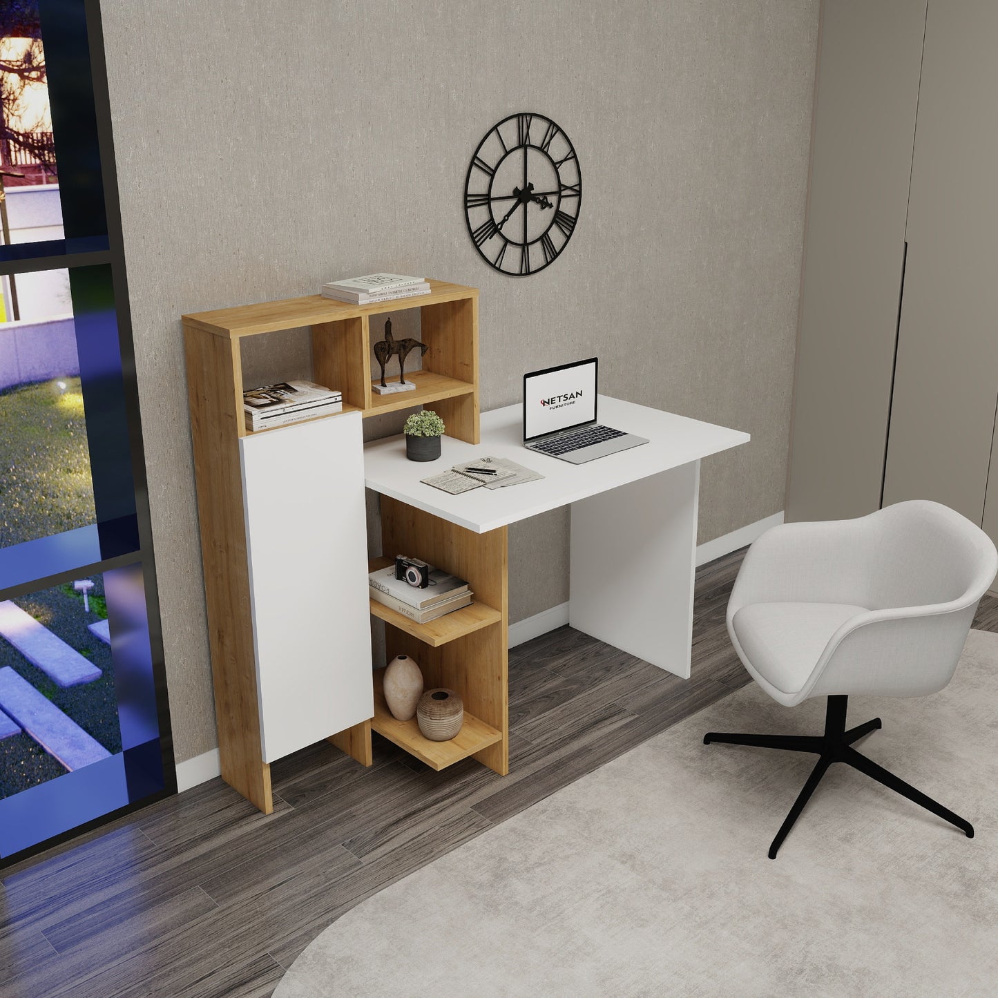 Bugra Computer Desk with Integrated Shelves and Cabinet