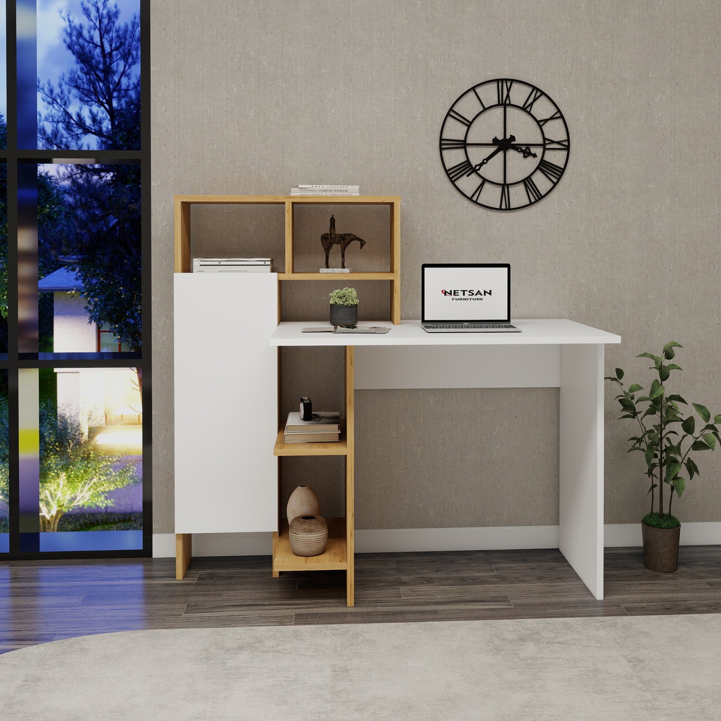 Bugra Computer Desk with Integrated Shelves and Cabinet
