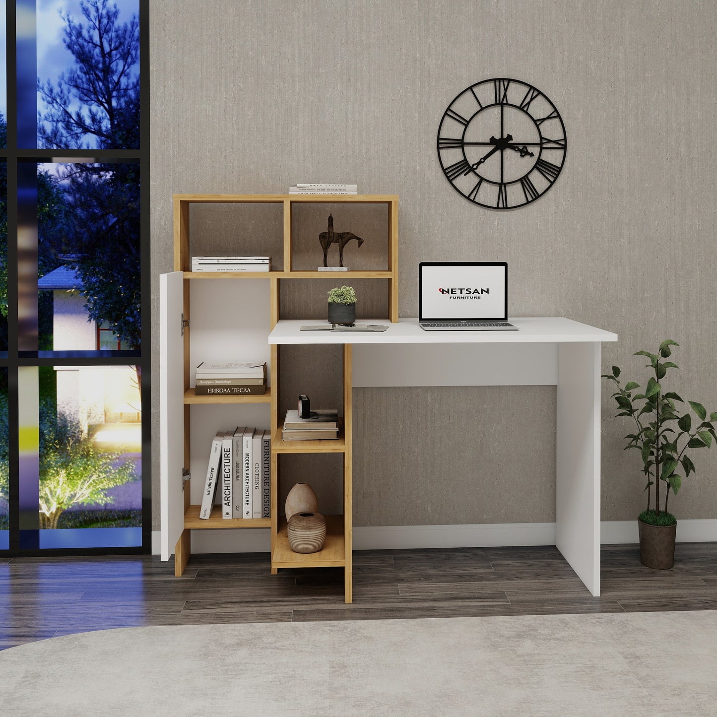 Bugra Computer Desk with Integrated Shelves and Cabinet