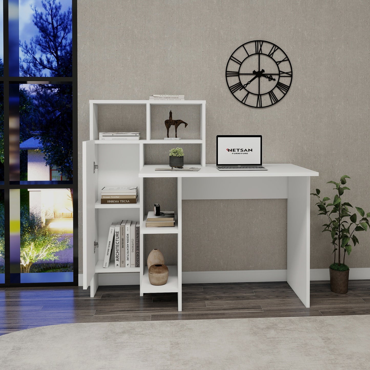 Bugra Computer Desk with Integrated Shelves and Cabinet