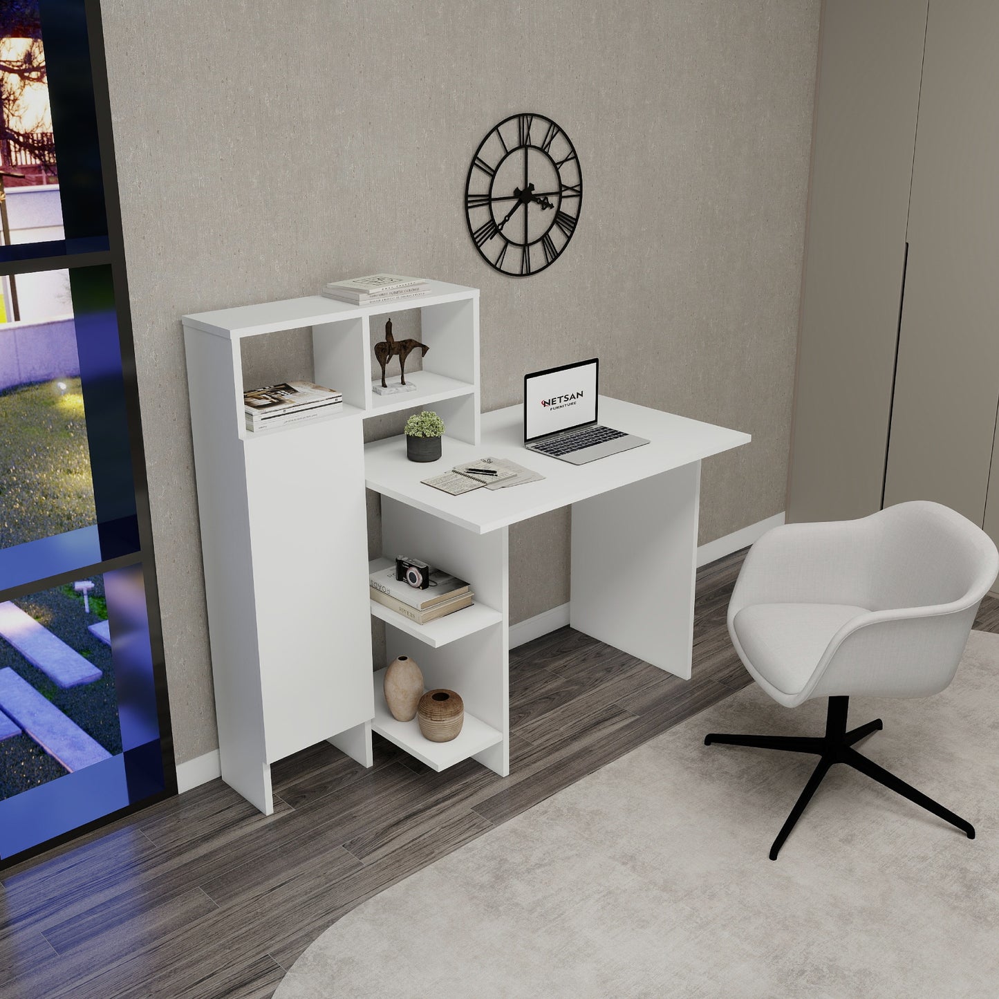 Bugra Computer Desk with Integrated Shelves and Cabinet