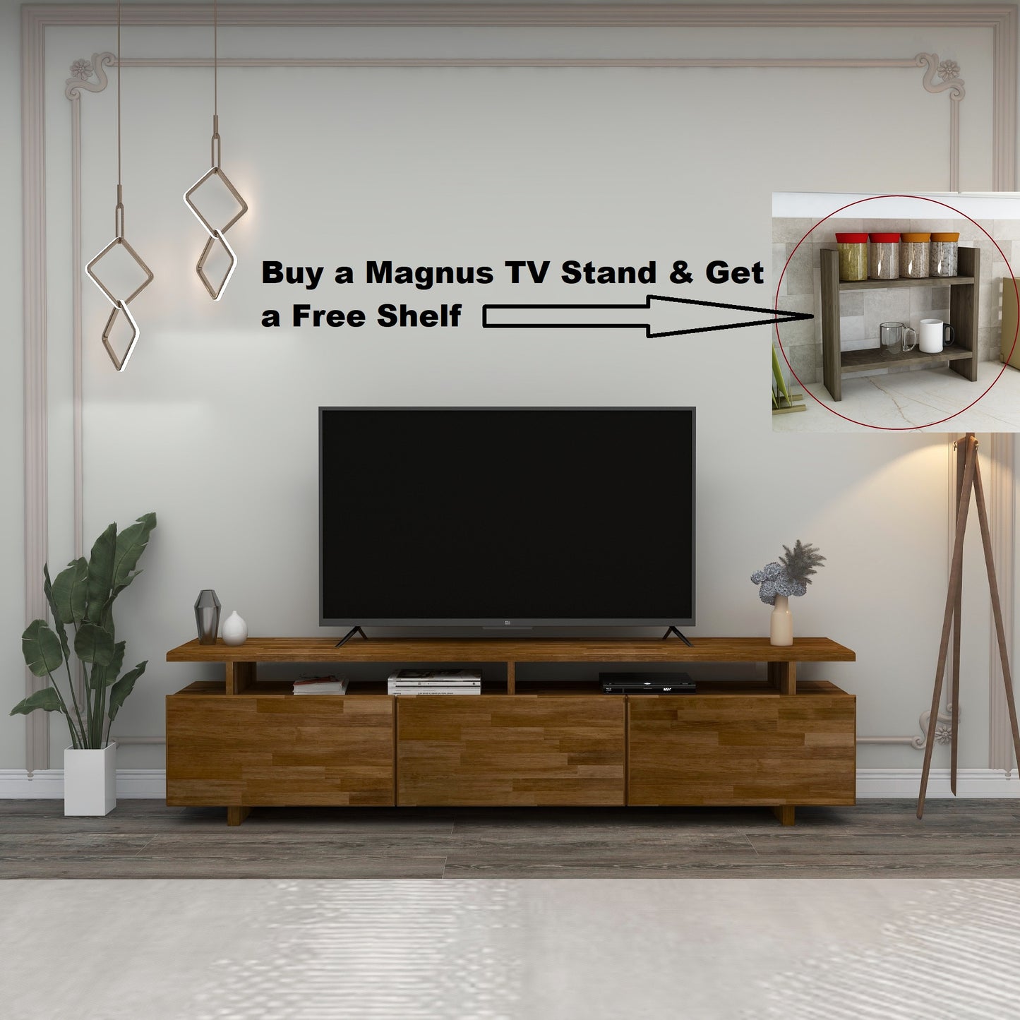 Meuble TV et centre de divertissement fait main en bois de pin massif Magnus pour le salon 