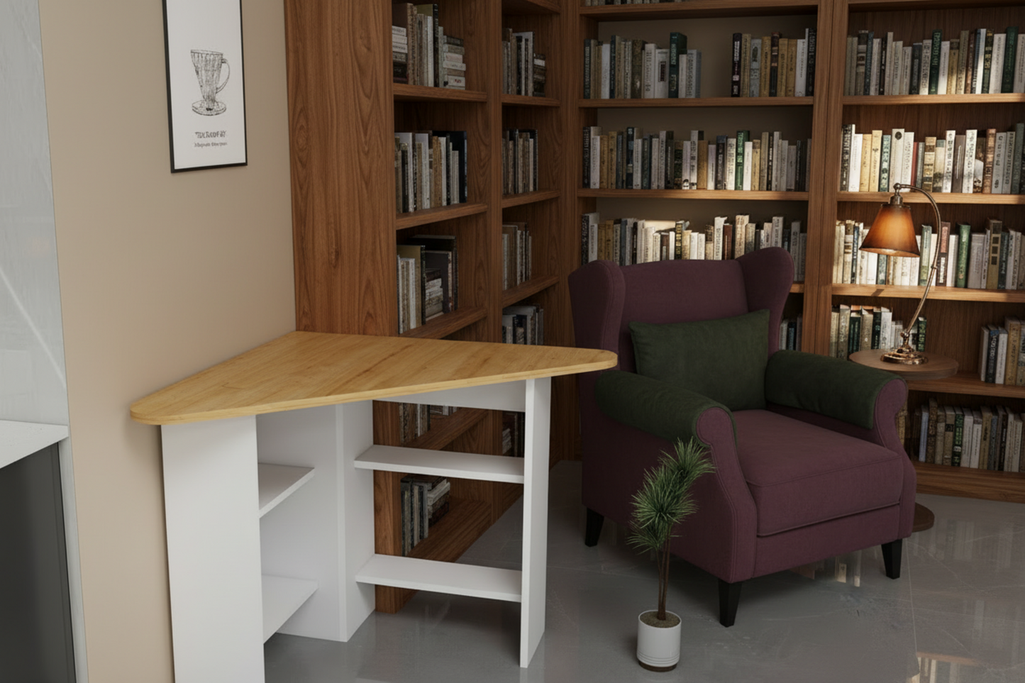 Small home office with a wooden desk, armchair, and bookshelves filled with books.