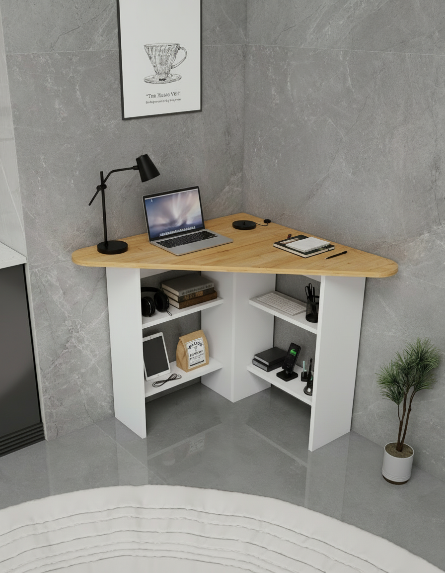 Corner desk with laptop, lamp, and office supplies against a gray wall.