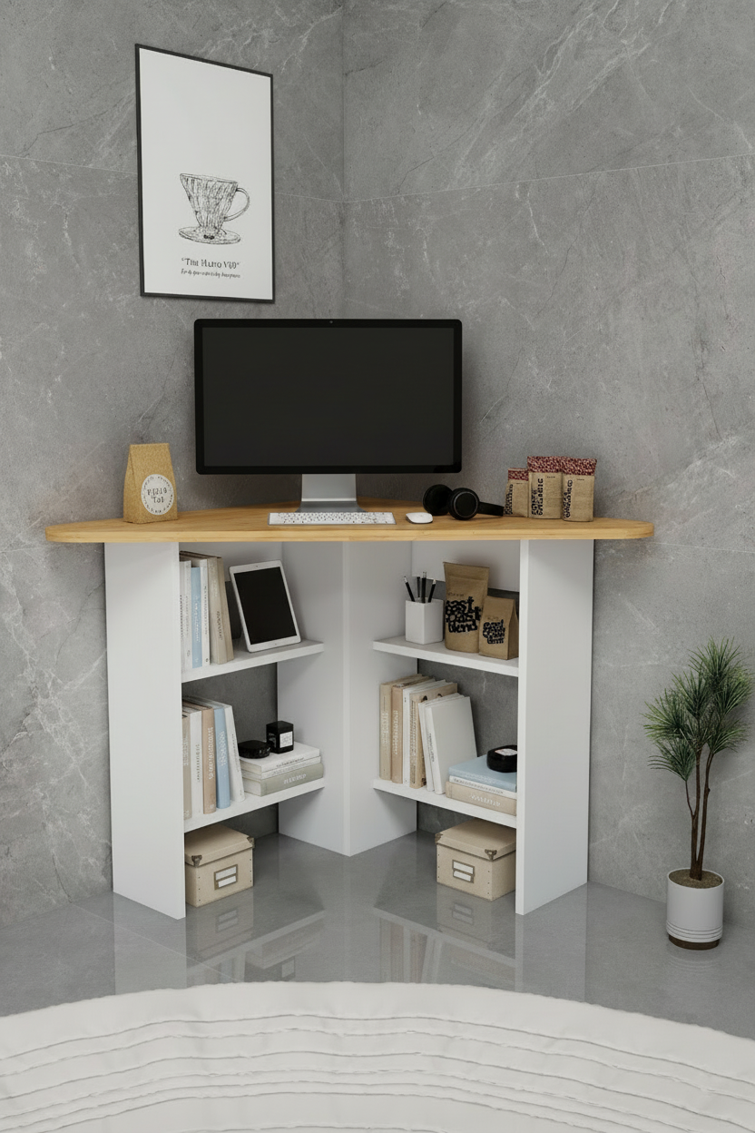 Corner desk with books, a monitor, and decorative items against a gray wall.