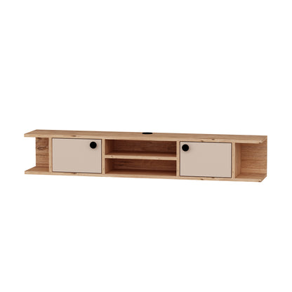 A modern floating TV stand with shelves and cabinets, made of particleboard with a melamine veneer finish in a wood color, with cable management hole.