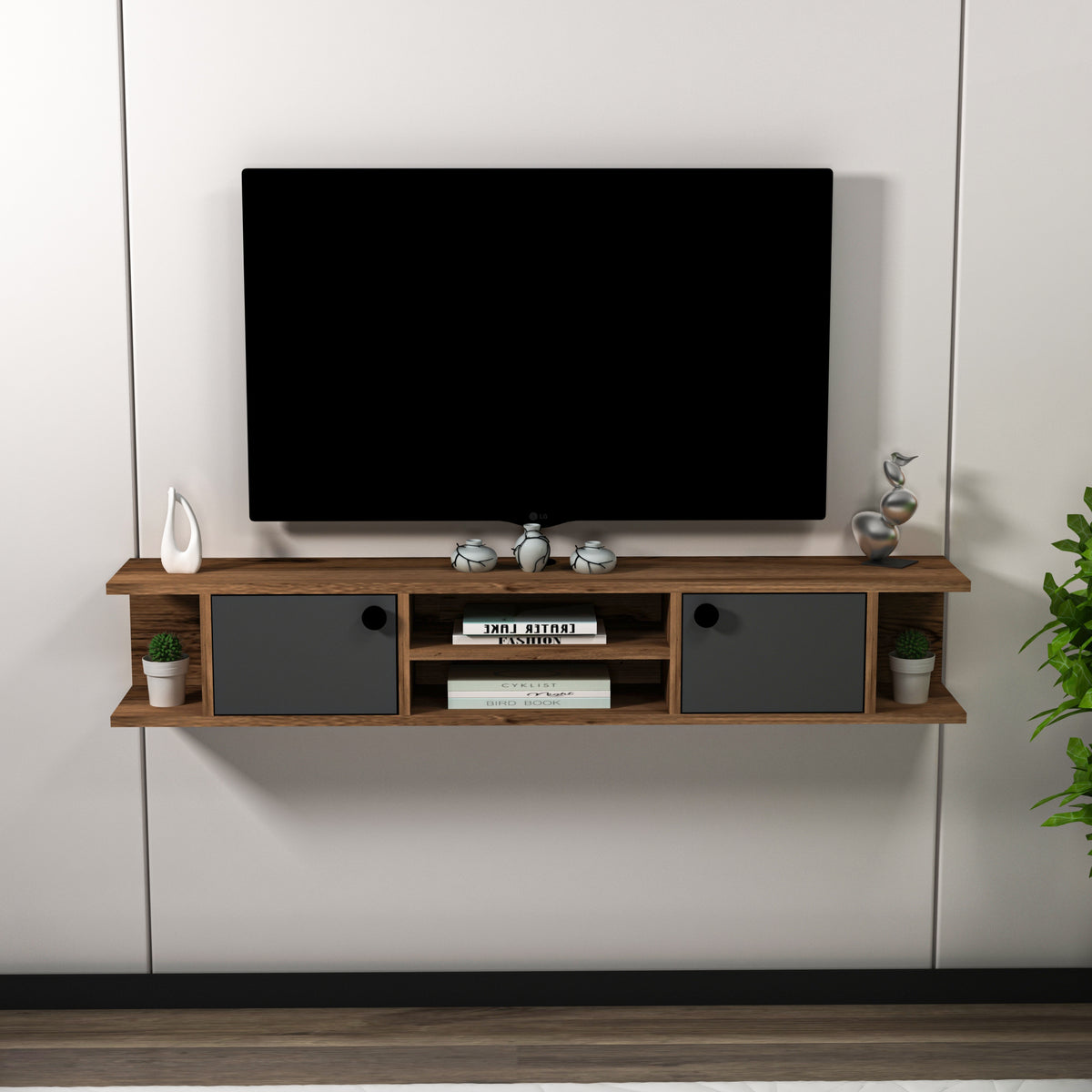 Joe Floating TV Stand with Shelves, Cabinets and Cable Management for TVs up to 60 inches - Light Walnut & Anthracite