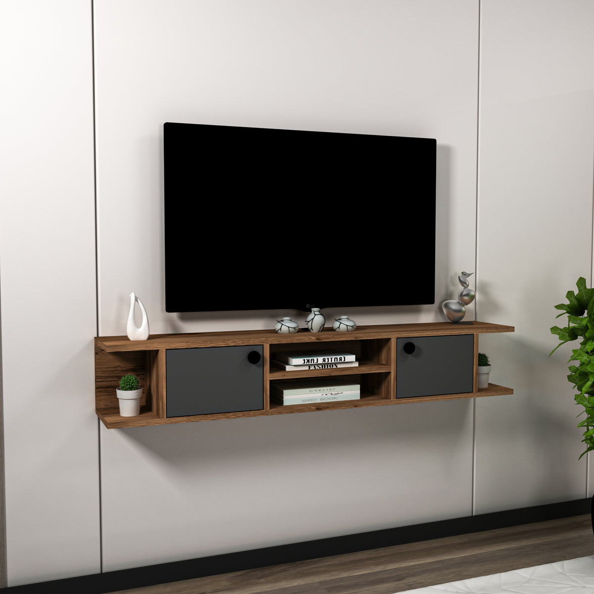 Joe Floating TV Stand with Shelves, Cabinets and Cable Management for TVs up to 60 inches - Light Walnut & Anthracite