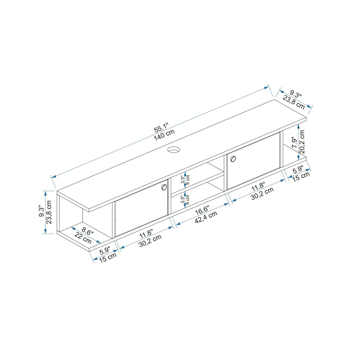 Technical dimension diagram of a white modern media console with shelves and cabinet doors, showing measurements in both inches and centimeters on a light gray background.