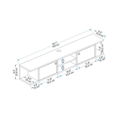 Technical dimension diagram of a white modern media console with shelves and cabinet doors, showing measurements in both inches and centimeters on a light gray background.