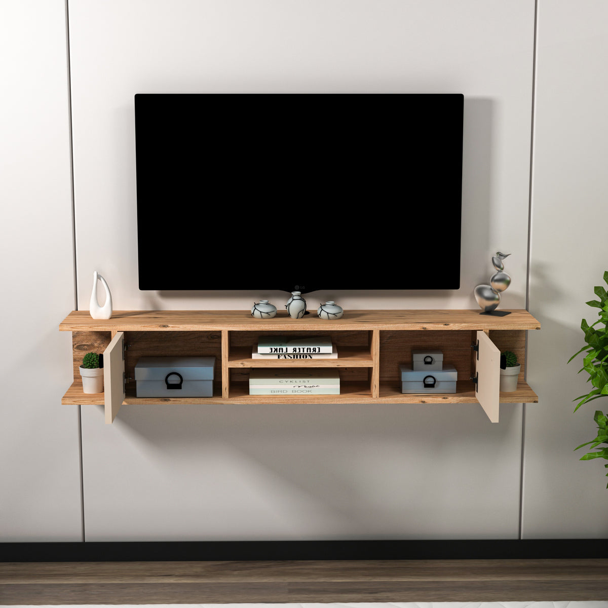 Joe Floating TV Stand with Shelves, Cabinets and Cable Management for TVs up to 60 inches - Atlantic Pine and Beige