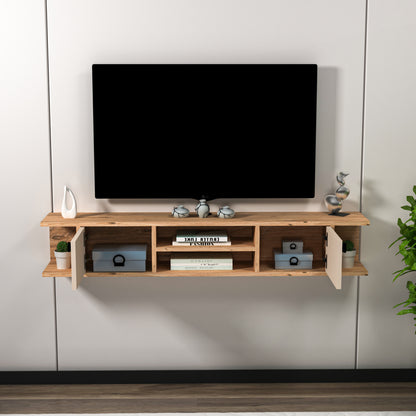 Joe Floating TV Stand with Shelves, Cabinets and Cable Management for TVs up to 60 inches - Atlantic Pine and Beige