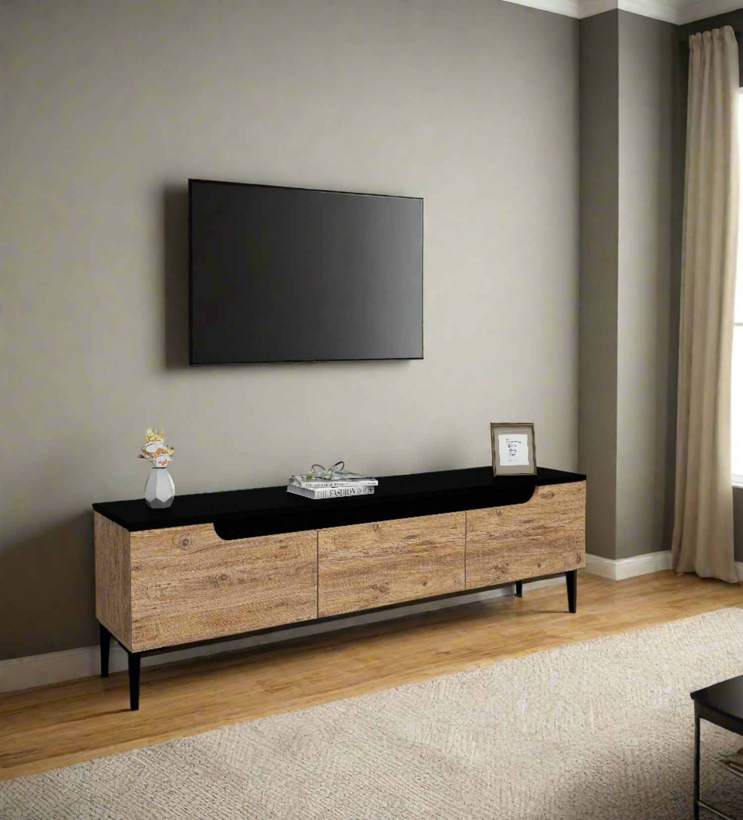 Karya TV Stand with 3 Cabinets & Doors Fits TVs up to 65 inches - Atlantic Pine & Anthracite - Destina Home