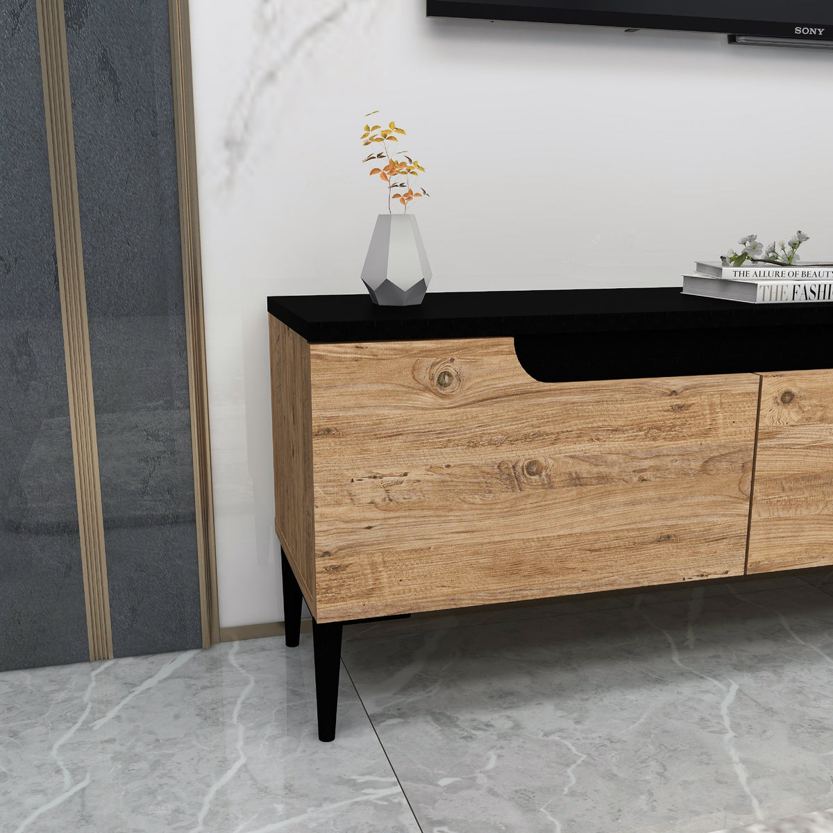 Karya TV Stand with 3 Cabinets & Doors Fits TVs up to 65 inches - Atlantic Pine & Anthracite - Destina Home