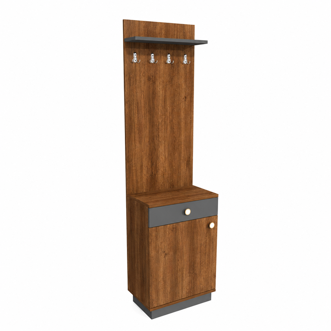 A tall entryway hall tree cabinet with a warm brown wood grain finish, featuring a top shelf with four silver coat hooks, a single drawer with a gray front panel and round knob, and a lower cabinet door with a matching gray panel and knob.