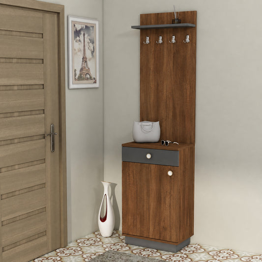 A tall brown wood entryway cabinet with a top shelf, four hanging hooks, a lower drawer, and a small side table surface, shown in a room next to a door with a framed picture and a vase.