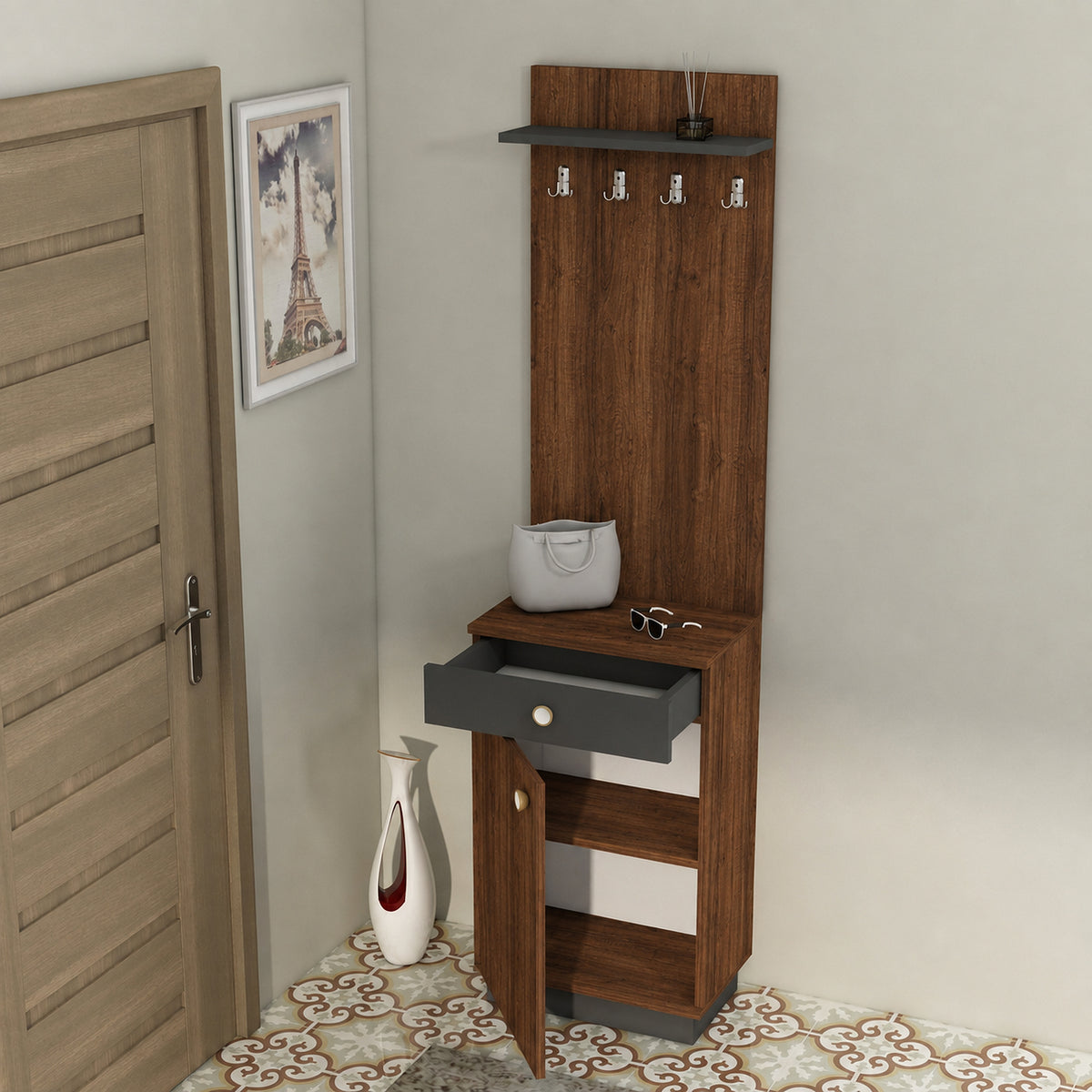 A tall brown wooden entryway console with a shelf, five coat hooks, a drawer, open shelving, and a vase stand on a patterned tile floor in a room corner.