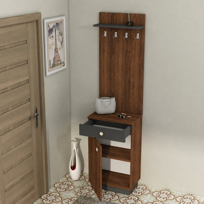 A tall brown wooden entryway console with a shelf, five coat hooks, a drawer, open shelving, and a vase stand on a patterned tile floor in a room corner.