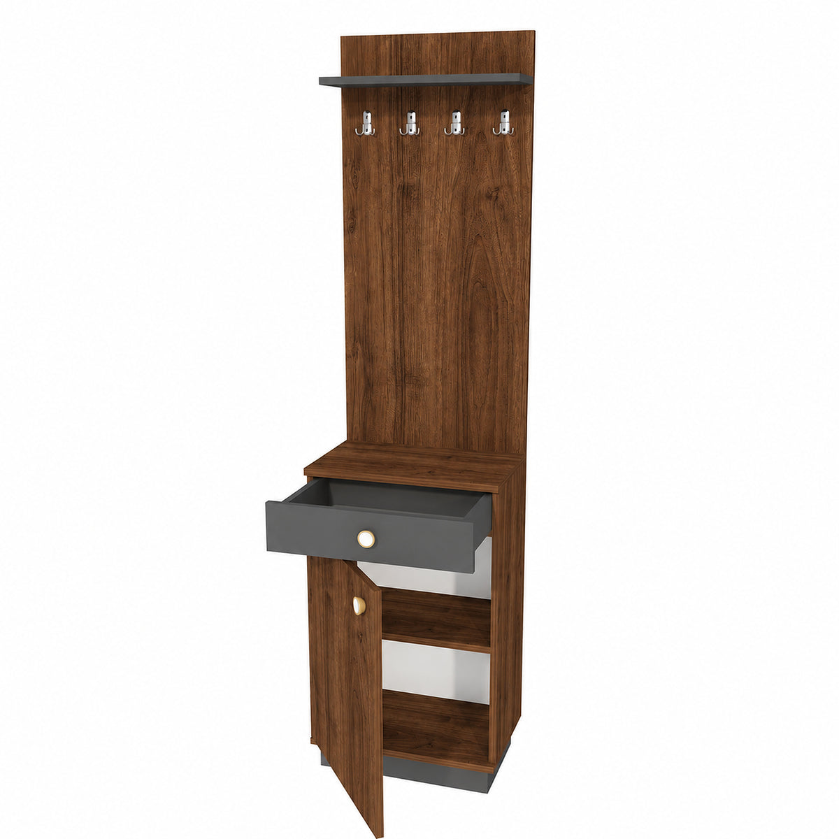 A tall brown wood entryway cabinet with a dark gray drawer, open lower cabinet, shelf, and four wall hooks, shown on a plain white background.