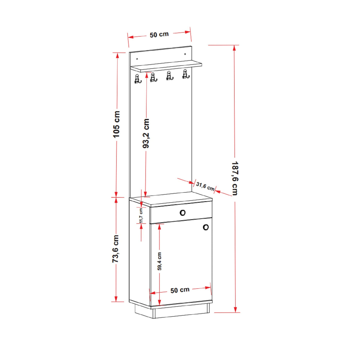A technical dimension diagram of a wall-mounted coat rack with shelves and hooks, showing measurements in centimeters on a white background.