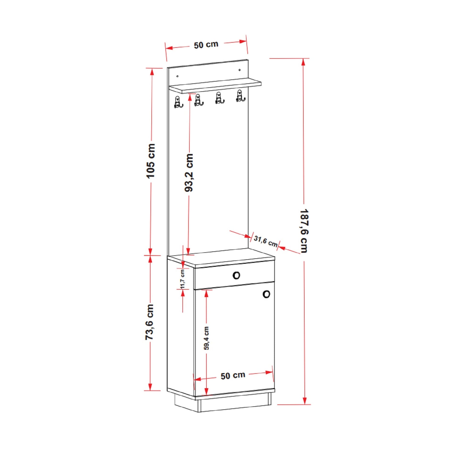 A technical dimension diagram of a wall-mounted coat rack with shelves and hooks, showing measurements in centimeters on a white background.