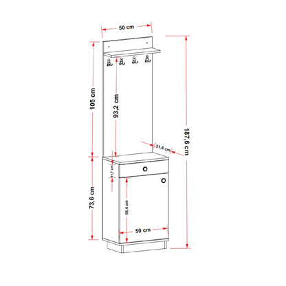A technical dimension diagram of a wall-mounted coat rack with shelves and hooks, showing measurements in centimeters on a white background.