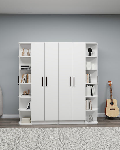 White wardrobe with bookshelves and a guitar against a gray wall.